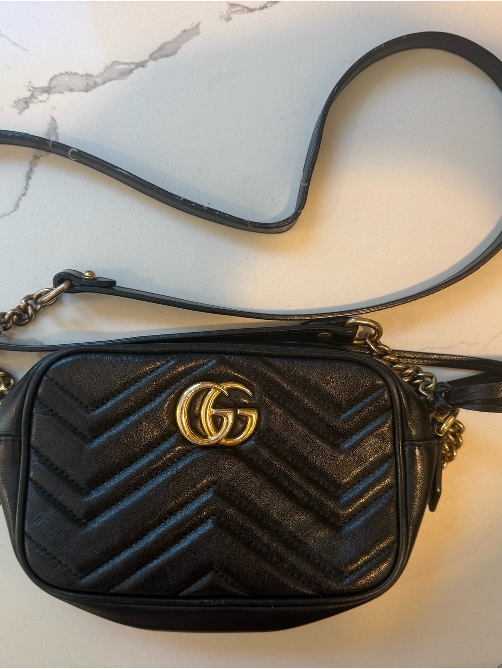 Gucci Black Chevron Leather Camera Crossbody with Gold Double G